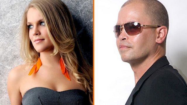 The image shows a split view of two people: a woman in a gray dress with orange earrings and a man in sunglasses and a black jacket.