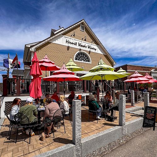 People dining outside a winery with colorful umbrellas and clear skies in the background.