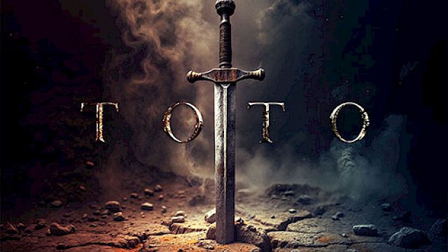 Concert poster for Toto featuring a sword, with Men at Work & Christopher Cross, on July 28 at BankNH Pavilion.