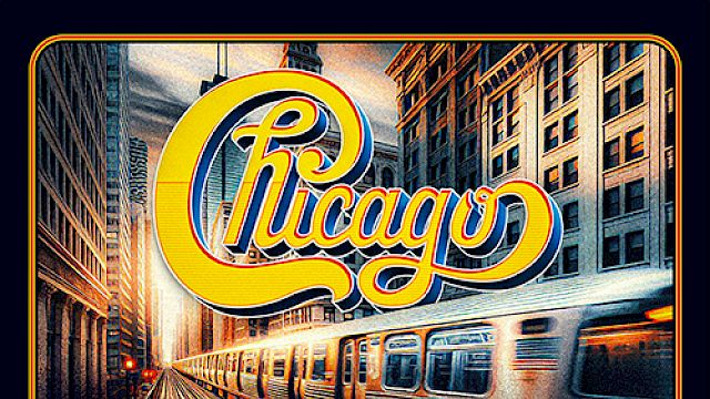 Concert poster for "Chicago" live on Friday, August 1 at BankNH Pavilion. Features city scene and train with event details.