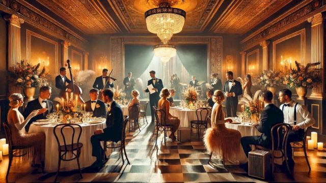 A glamorous, vintage-style dinner party with elegantly dressed guests, a live band, and opulent decor, all under a grand chandelier.