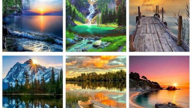 The image features six scenic landscapes, including mountains, lakes, a boat, a dock, and vibrant sunsets or sunrises.